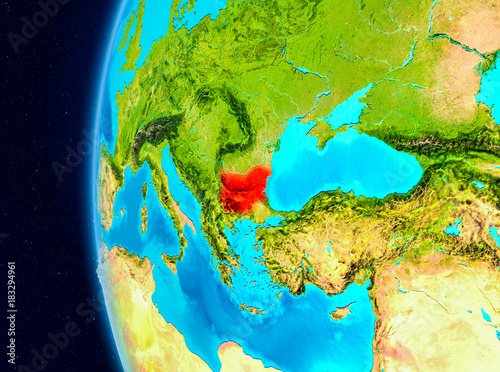 Space view of Bulgaria in red