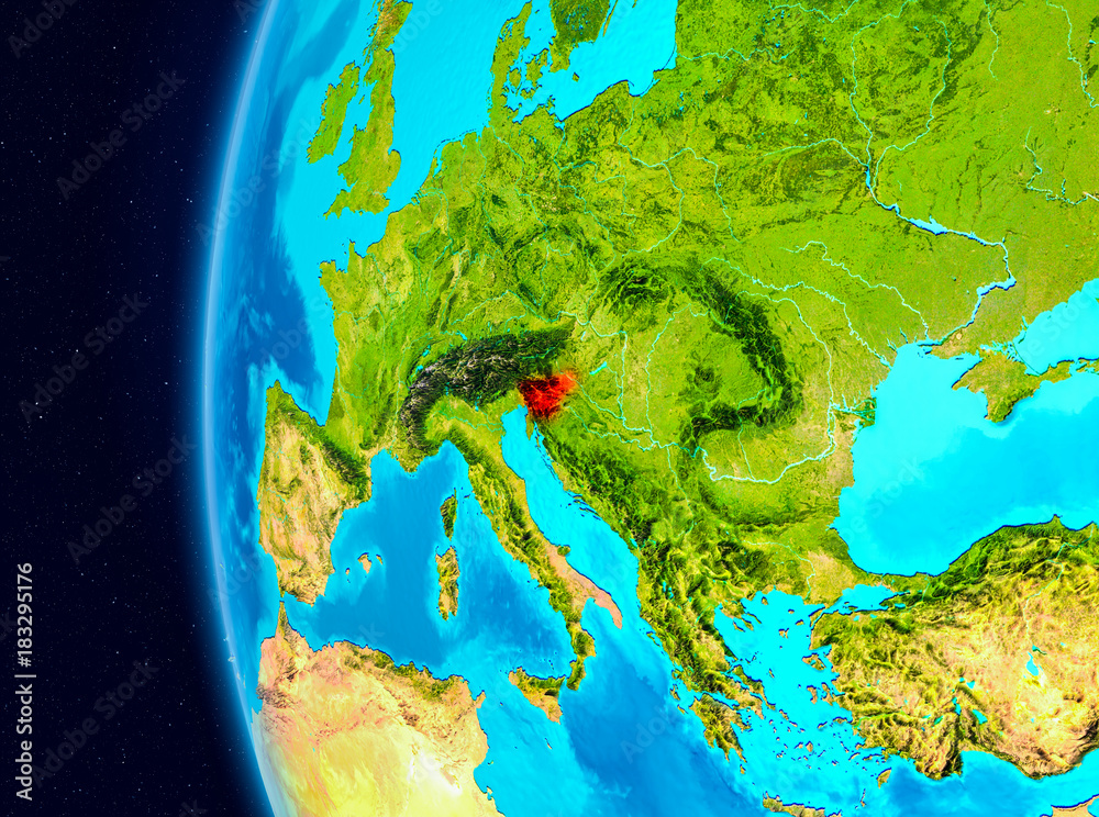 Space view of Slovenia in red