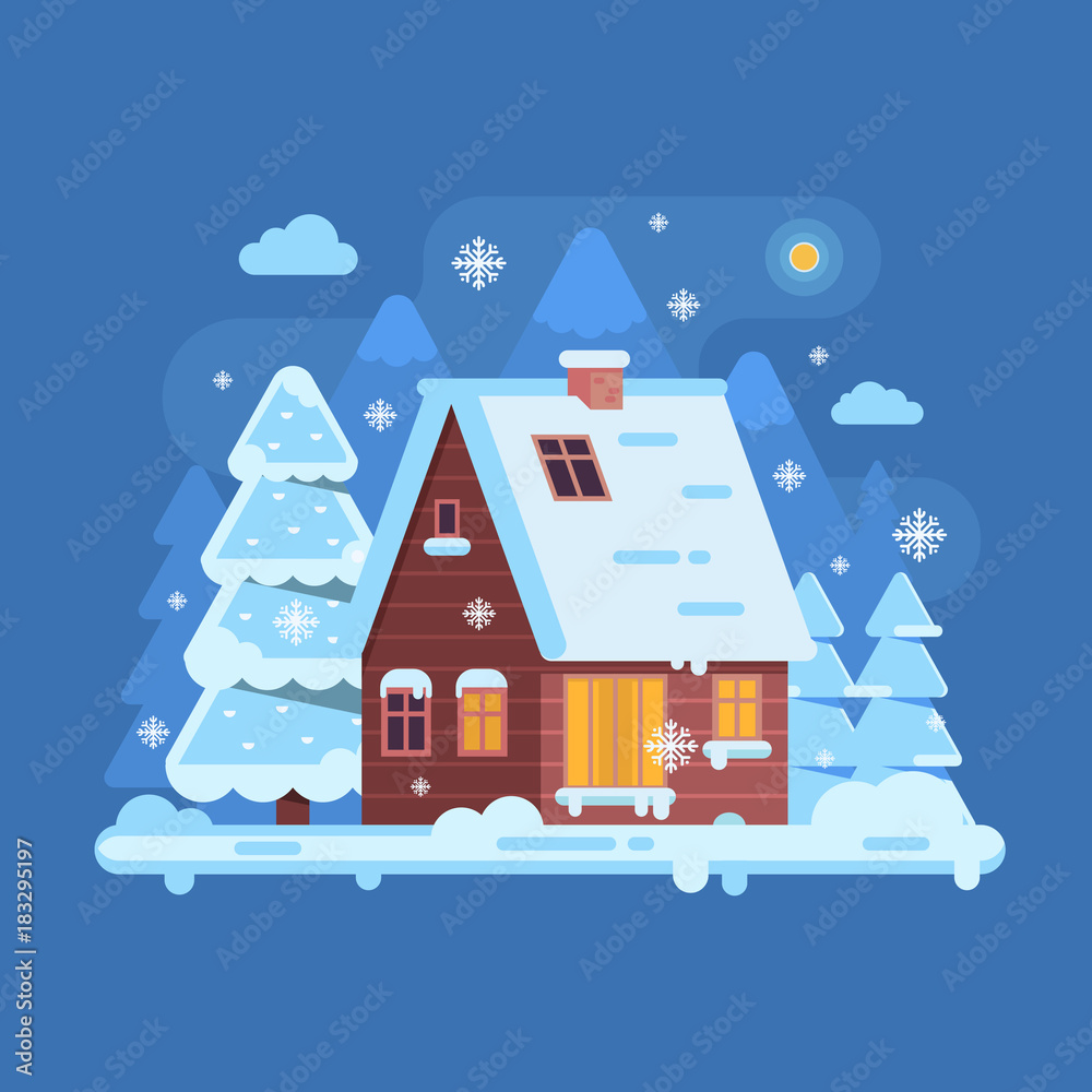 Snowy scene with rural winter home with smoking chimney on mountain background. Forest cottage or log cabin on wilderness by wintertime. Cartoon snow capped house landscape banner.