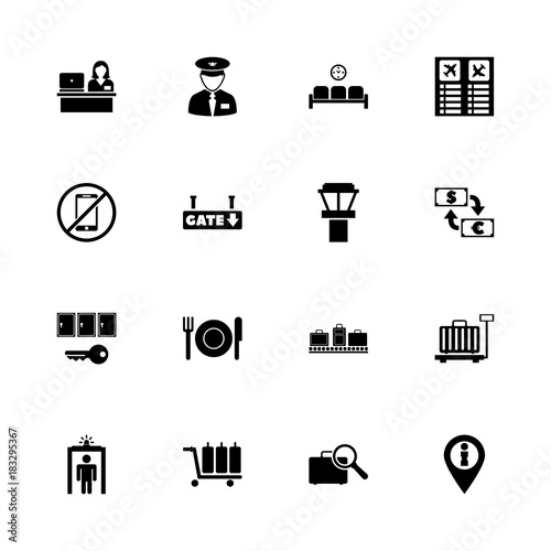 Airport Terminal icons - Expand to any size - Change to any colour. Flat Vector Icons - Black Illustration on White Background.