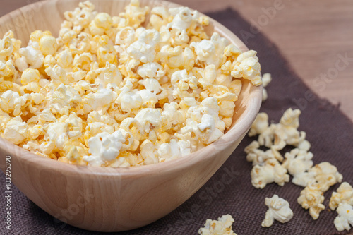 popcorn in wooden bowl