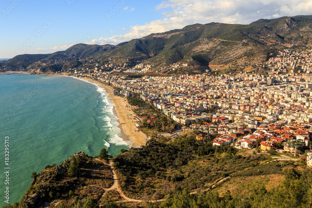 Seascape with bird eye view of Mediterranean coastal town