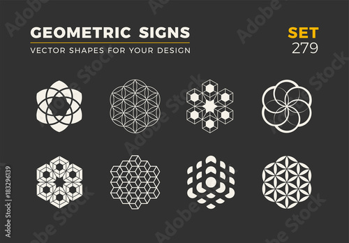 Set of eight minimalistic trendy shapes. Stylish vector logo emblems for Your design. Simple geometric signs collection.