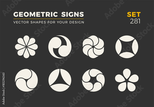 Set of eight minimalistic trendy shapes. Stylish vector logo emblems for Your design. Simple geometric signs collection.