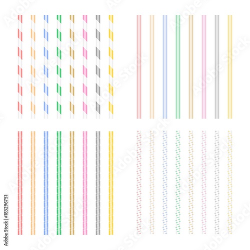 Set of colored beverage straws with geometric shapes on a white background. Plastic straight straws for drinks, water, cafe, juice, milk, cocktails and celebrations of various designs