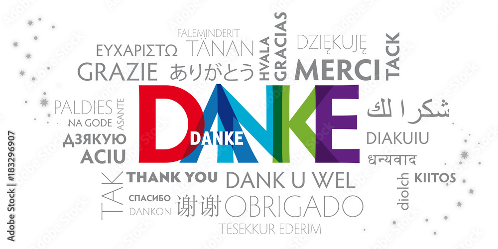 DANKE in vielen verschiedenen Sprachen. Bunte Vektor Illustration Adobe Stock