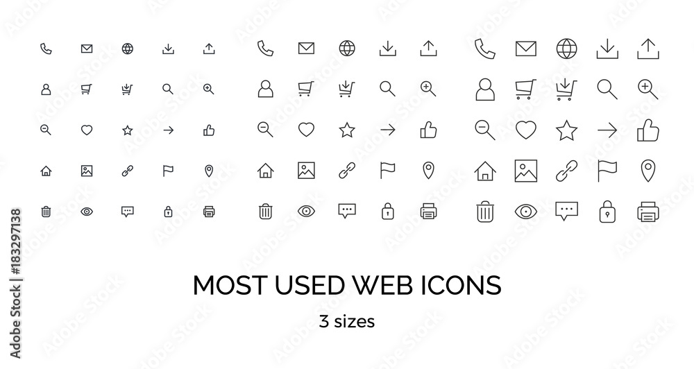 Most used webdesign icons, three sizes, ui set, vector illustration