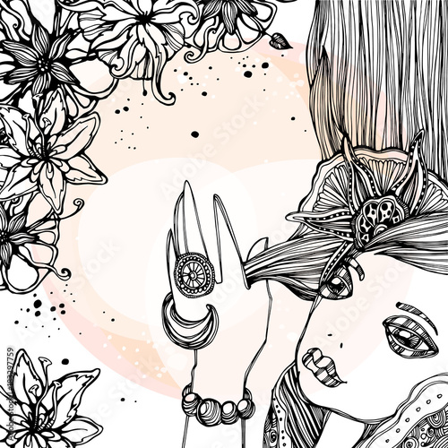 Portrait of a girl with a long hair in a flowers. Vector illustration. Hand drawn graphic.
