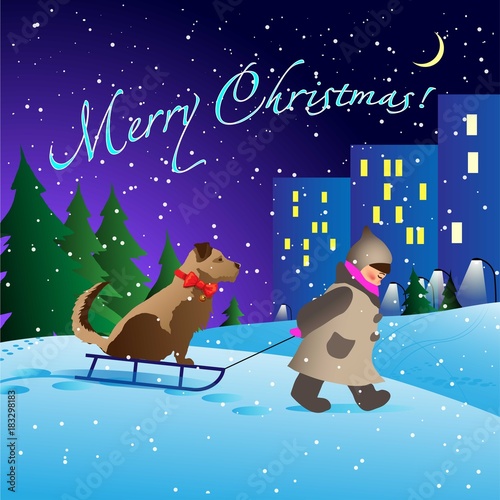 Illustration with a little girl carrying a big dog on the sleigh in winter on the edge of the city, with Merry Christmas lettering 