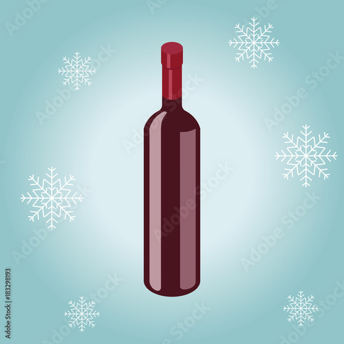 Isometric red wine bottle isolated on winter background