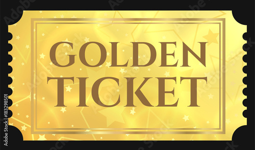 Gold ticket, golden token (tear-off ticket, coupon) with star magical background. Useful for any festival, party, cinema, event, entertainment show