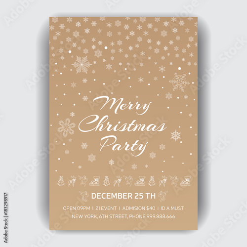 Invitation card for a Christmas party. Design template with xmas hand-drawn graphic illustrations. Greeting card with the New Year and Christmas holidays.