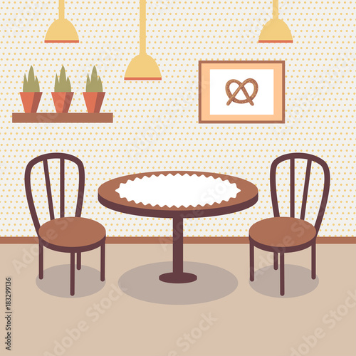 Flat bakery store interior with table covered with white cloth, two wooden chairs, potted plants and picture of pretzel on the wall. Cartoon vector