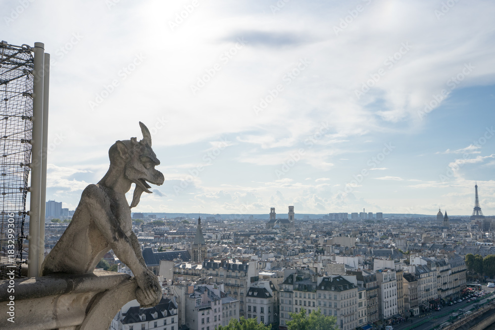 ノートルダム大聖堂のガーゴイルとパリ市街の風景