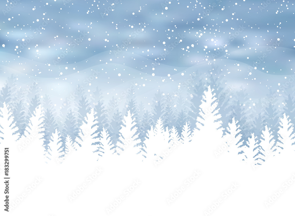 Christmas winter on blue background. White snow with snowflakes on silver bright light. Christmas tree.