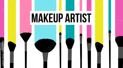 Makeup artist template business card. Colorful striped background with fashion silhouette of black makeup brushes set stroke and smeared. Banners for cosmetics. Vector illustration of beauty