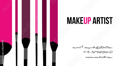 Makeup artist template business card. Pink striped background with fashion silhouette of black makeup brushes set stroke and smeared. Banners for cosmetics. Vector illustration of beauty