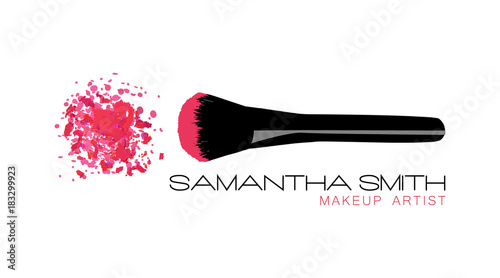 Makeup artist business card. Vector template with pink crumbled face cosmetic powder blusher with black makeup brush. Beauty Logo Design Template