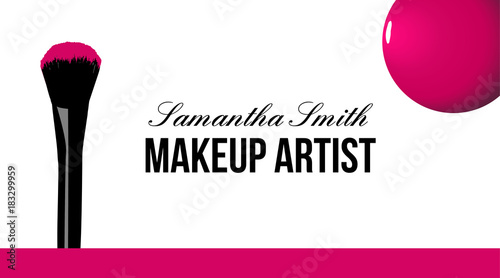 Makeup artist business card. Vector pattern with cosmetic elements of the Drops of nail Polish and makeup brush for powder with pink powder. Fashion and beauty background. Vector Template.