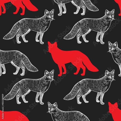 Fox. Seamless pattern with drawing animals and silhouettes. Hand graphic of wildlife. Vector illustration art. Red, black, white. Old engraving. Vintage. Design for fabrics, paper, textiles, fashion