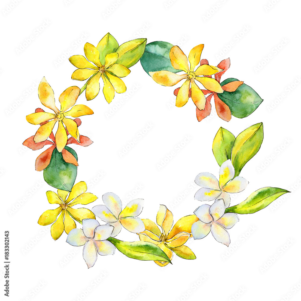 Obraz premium Wildflower gardenia flower wreath in a watercolor style. Full name of the plant: gardenia. Aquarelle wild flower for background, texture, wrapper pattern, frame or border.