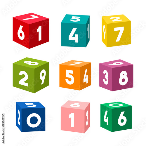 Set of colorful toy bricks with numbers. Single vector cubes isolated on white background.