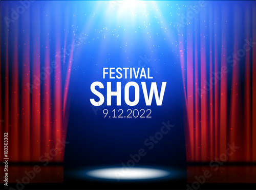 Red curtains theater scene stage backdrop. Vector show background performance concert. Light party design of stage