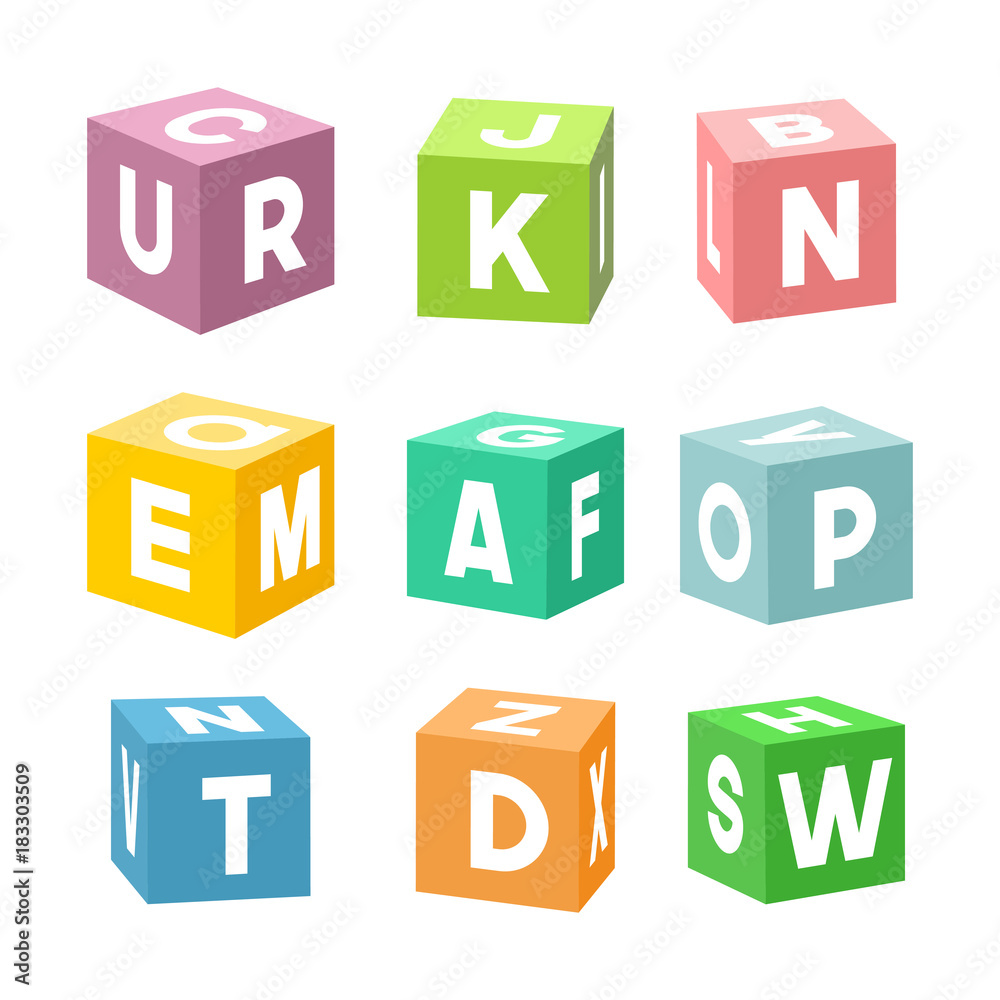 Set of colorful toy bricks with letters. Single vector cubes isolated on white background.