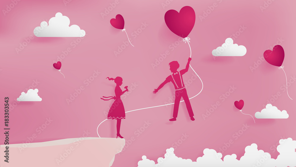 Girl waiting a boy on the cliff,boy flowing with red balloon and trying to get a girl,soft pink background,balloons are trough clouds. Girl waiting a boy on the cliff,boy flowing with red balloon and trying to get a girl,soft pink background,balloons are trough clouds.