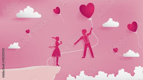 Girl waiting a boy on the cliff,boy flowing with red balloon and trying to get a girl,soft pink background,balloons are trough clouds.