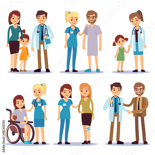 Medical staff with patients. Nurses and doctors with sick person vector cartoon characters set