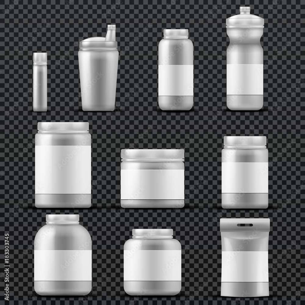 Sport supplement plastic jar containers for drinks and powder. Vector templates isolated Sport supplement plastic jar containers for drinks and powder. Vector templates isolated