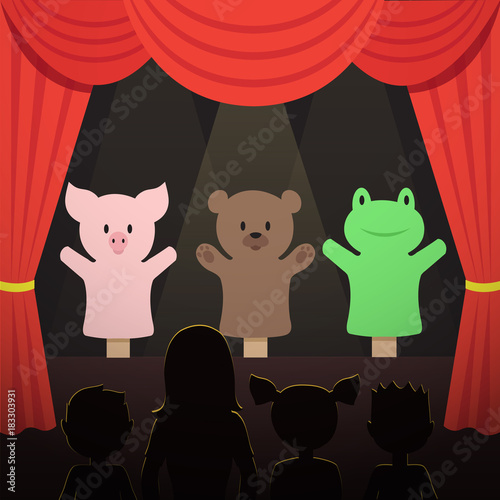 Childrens puppet theater performance with animals actors and kids audience vector illustration