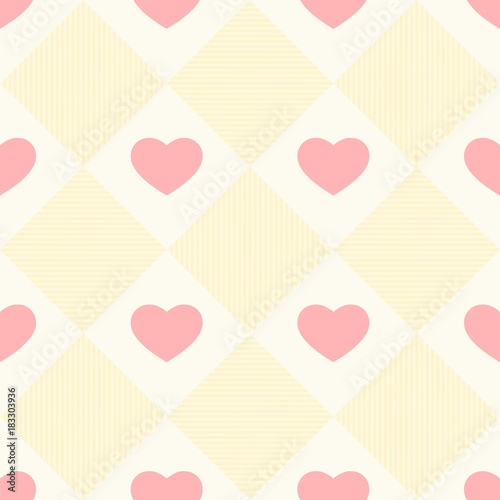 Cute primitive retro pattern with hearts on plaid background