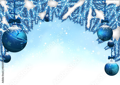 Blue Christmas Background with Baubles and Coniferous Branches - Festive Snow...