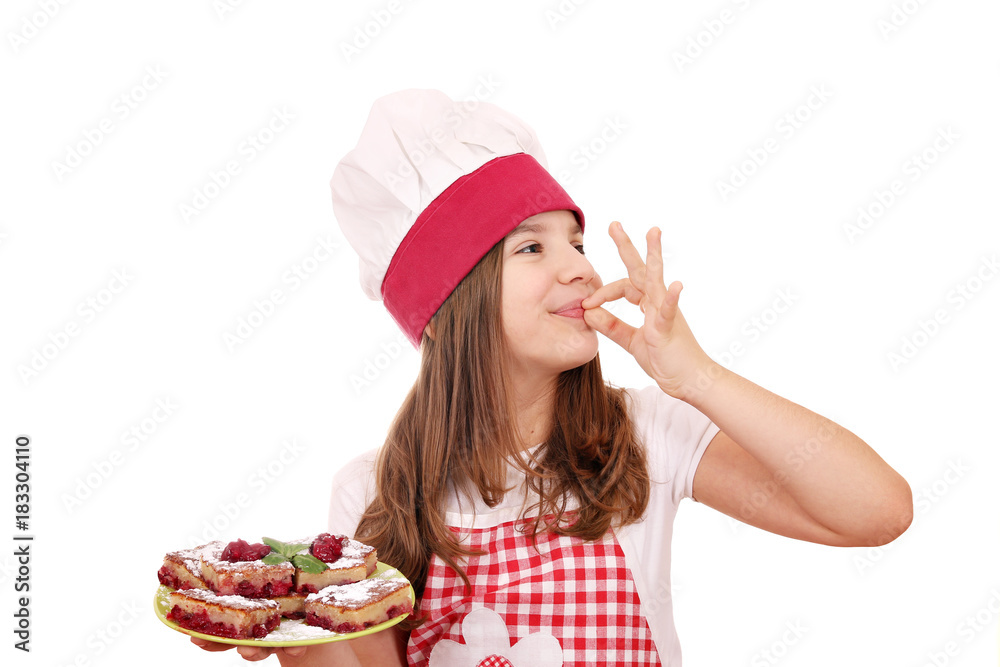Happy little girl cook with cherry pie dessert and ok hand sign Happy little girl cook with cherry pie dessert and ok hand sign