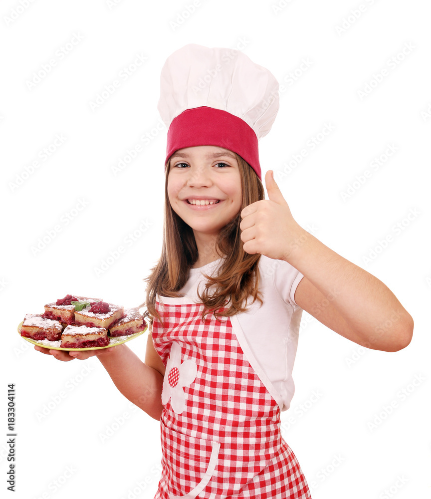 Happy little girl cook with cherry pie dessert and thumb up Happy little girl cook with cherry pie dessert and thumb up