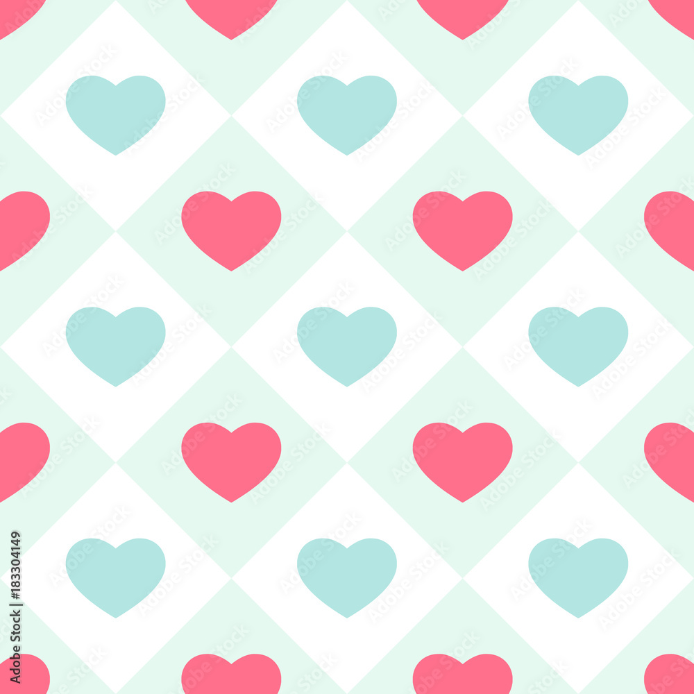 Cute primitive retro pattern with hearts on plaid background