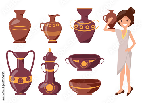 Woman Posing with Clay Vase Vector Illustration