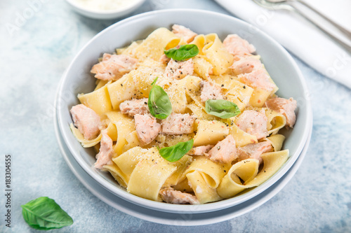 pappardelle pasta with salmon in creamy sauce