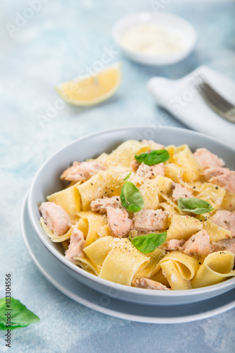 pappardelle pasta with salmon in creamy sauce