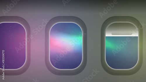 Looking out the Windows of a Plane, Aurora Night Sky - Vector Illustration