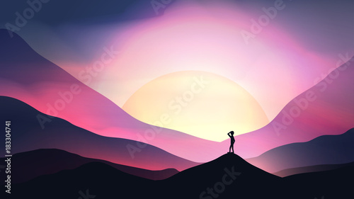 Sunset or Dawn Over Mountains with Man Staring into the Distance Landscape - Vector Illustration
