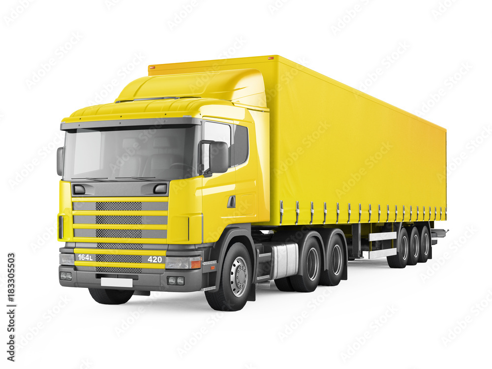 Yellow cargo delivery truck. 3D rendering