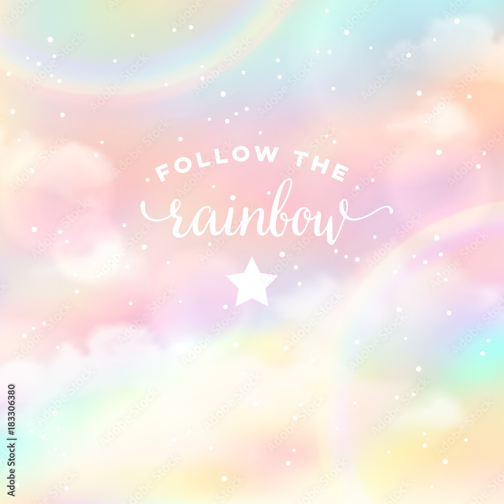 Follow the rainbow. Colorful cloudy sky with shiny arc of rainbow. Vector abstract background with inscription. Follow the rainbow. Colorful cloudy sky with shiny arc of rainbow. Vector abstract background with inscription.
