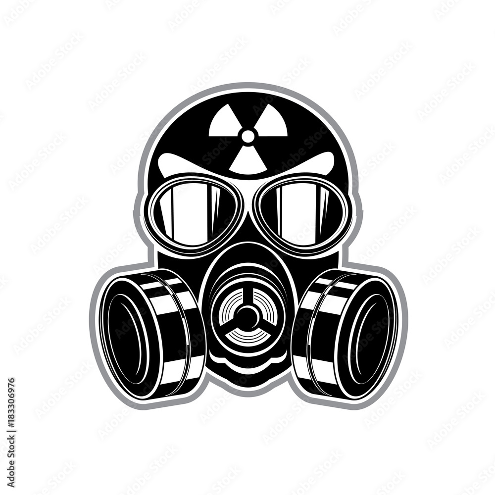 protective suit, gas mask with lenses and sign of radiation danger protective suit, gas mask with lenses and sign of radiation danger