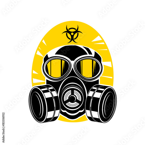 gas mask with lenses and a hood, sign chemical hazard