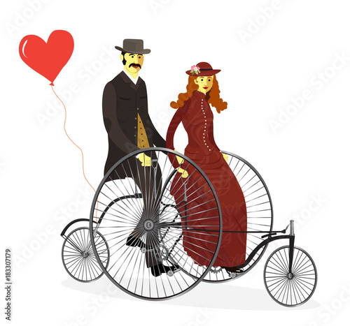 Loving couple riding on a bicycle isolated vector Illustration