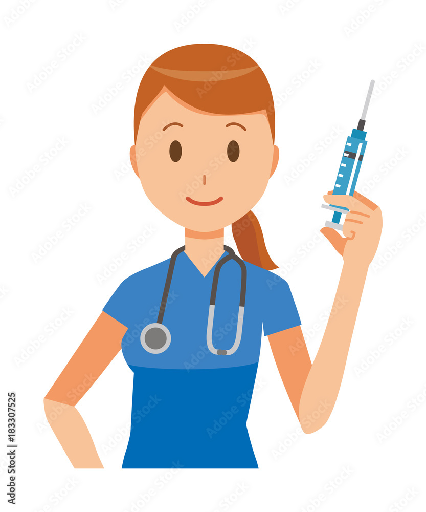 A female nurse wearing a blue scrub has a syringe A female nurse wearing a blue scrub has a syringe