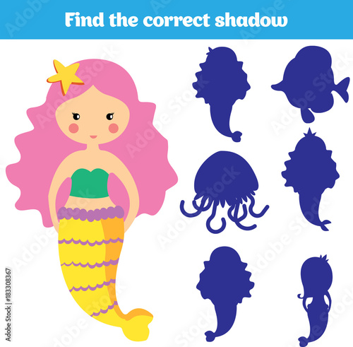 Shadow matching game for children. Find the right shadow. Activity for preschool kids. Theme mermaid sea, ocean, fish. Vector illustration.